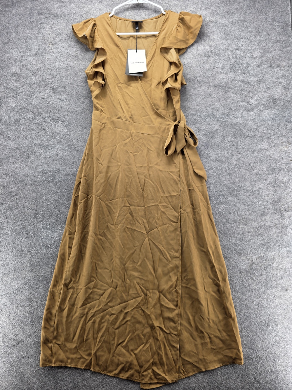 Who What Wear Dress Womens Small Brown Ruffle Sleeve Tie Waist Maxi Wrap Style